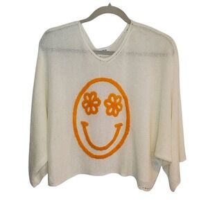 Storia Women's Sz Medium Sweater Cream‎ Orange Smiley Face Flower Eye HT1456 NEW
